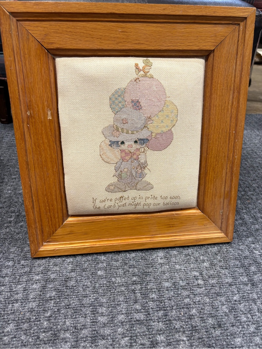 Precious Moments Pastel Balloon Cross-Stitch in Brown Frame